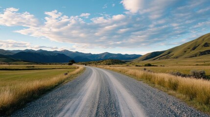Aufkleber - Gravel road winding through a scenic valley, surrounded by majestic mountains under a partly cloudy sky.  The landscape is a mix of golden grasses and green fields, creating a tranquil : Generative AI