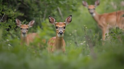 Poster - A young white-tailed deer fawn gazes intently from a lush green forest undergrowth, two other deer visible in the background. : Generative AI