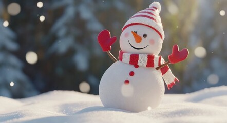 Poster - Joyful snowman in red hat and mittens stands in snowy winter forest, sunlight shining, festive holiday scene. : Generative AI