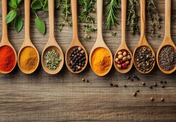 Aufkleber - Aromatic spices and herbs in wooden spoons on rustic wood background, overhead shot.  Culinary ingredients for cooking and food photography. : Generative AI