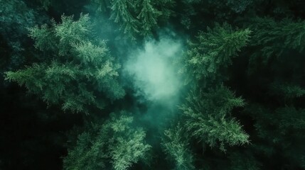 Leinwandbilder - Aerial view of a misty, dark green forest with evergreen trees surrounding a central cloud of fog, creating a mysterious and serene atmosphere. : Generative AI