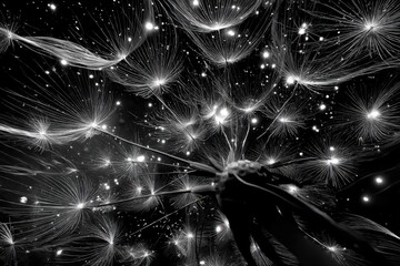 Aufkleber - A mesmerizing close-up reveals the intricate details of a dandelion seed head, its delicate, wispy seeds radiating outwards like a celestial firework display against a dark background. : Generative AI