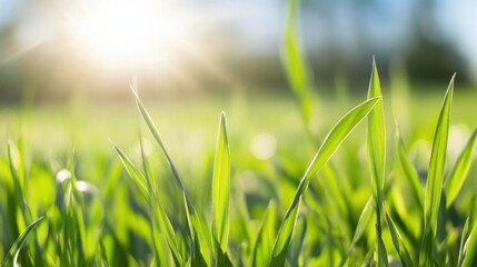 Aufkleber - Vibrant green blades of grass illuminated by warm sunlight, creating a serene and peaceful natural scene. : Generative AI