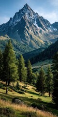 Aufkleber - Majestic alpine peak with snow-capped summit overlooking a serene valley, lush green meadows, and tall evergreen trees under a clear blue sky. : Generative AI