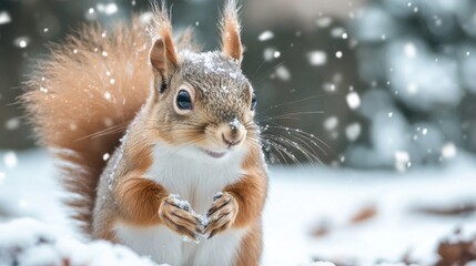Poster - Adorable red squirrel covered in snowflakes, sitting in the snow during a winter snowfall, looking directly at the camera. : Generative AI