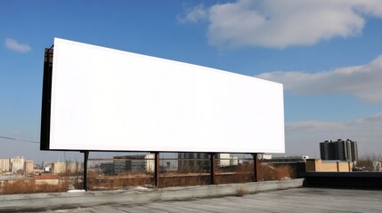 Aufkleber - Blank billboard on rooftop, urban cityscape backdrop, sunny day, advertising space, clear sky, building, city, advertisement, promotion, marketing, media, message, communication, signa : Generative AI
