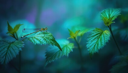 Poster - A delicate damselfly rests on a vibrant teal leaf, surrounded by lush green foliage in a tranquil, dimly lit forest scene. : Generative AI