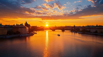 Poster - Golden hour sunset over Prague's Charles Bridge, showcasing the Vltava River and picturesque cityscape, with boats gently gliding along the water. : Generative AI