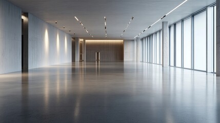 Poster - Spacious modern office interior with polished concrete floor, large windows, and minimalist design elements, offering a bright and airy atmosphere. : Generative AI