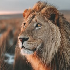 Aufkleber - Majestic male African lion, golden fur glowing in sunset light, gazing intently towards the horizon, showcasing its powerful presence and wild beauty in the savanna. : Generative AI