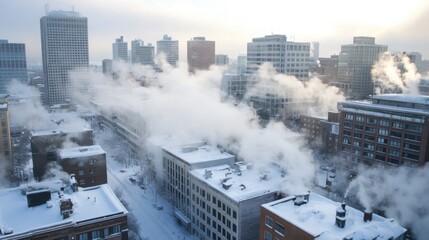 Leinwandbilder - A snowy city skyline on a cold winter morning, with steam rising from building rooftops and covering the streets in a hazy mist. : Generative AI