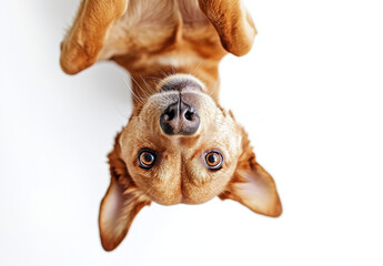 Poster - Playful brown dog upside down, looking directly at camera with big, expressive eyes and floppy ears against a bright white background. : Generative AI