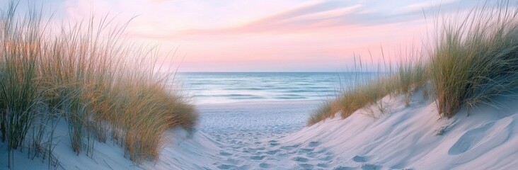 Poster - Serene sunset view through beach grass dunes leading to a calm ocean, pastel sky colors at twilight. : Generative AI