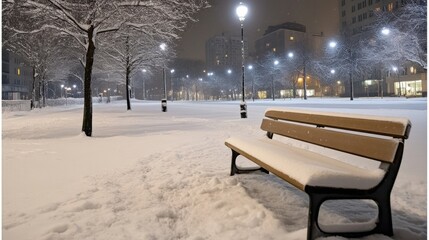 Poster - Snow-covered park bench at night, illuminated by streetlights, with snow-laden trees and buildings in the background creating a serene winter scene. : Generative AI