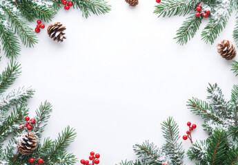 Poster - Snowy fir branches, pine cones, and red berries create a festive winter frame on a white background, perfect for holiday cards or invitations. : Generative AI
