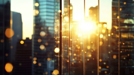 Poster - Golden sunset light filters through a modern skyscraper window, illuminating the blurred cityscape beyond with warm, glowing bokeh effects. : Generative AI