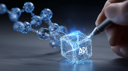 Poster - Stylized blue glowing cube labeled 