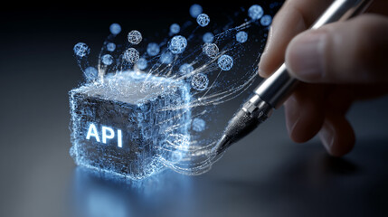 Digital illustration of API cube creation, showcasing technological innovation and connection through glowing lines and particles, symbolizing software development and digital interface