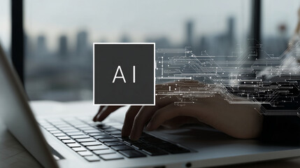 Poster - Hands typing on laptop keyboard, AI symbol overlayed, city skyline background, showcasing artificial intelligence concept in modern technology