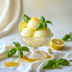 Poster - Lemon sorbet with fresh basil in a glass bowl on a foot on a white linen tablecloth