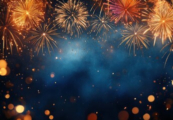 Aufkleber - Spectacular fireworks display against a dark blue night sky, with golden sparks and bokeh lights creating a festive atmosphere. : Generative AI