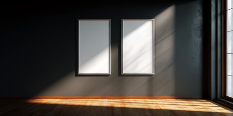 Poster - Empty room with two blank frames on dark wall, sunlit wooden floor, showcasing minimalist interior design, ideal for mockup or presentation