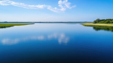 Poster - Serene summer landscape: a tranquil blue lake reflecting a clear sky, bordered by lush green vegetation and a distant tree line. : Generative AI