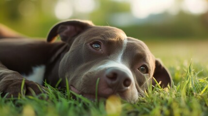 Poster - Adorable brown and white pit bull puppy resting peacefully in the sun-drenched grass, eyes half-closed, enjoying a moment of canine bliss. : Generative AI
