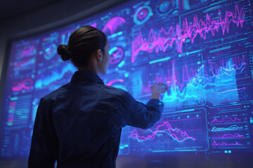Poster - Woman interacts with large interactive display showing glowing graphs and charts, symbolizing data analysis, technology, and futuristic innovation