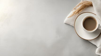Aufkleber - A cup of coffee rests on a saucer atop a light beige fabric, with dried pampas grass nearby, on a gray textured surface.  Plenty of copy space. : Generative AI