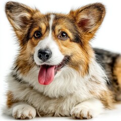 Poster - Happy Pembroke Welsh Corgi dog lying down, panting with tongue out, showcasing its adorable fluffy fur and expressive eyes against a bright white background. : Generative AI