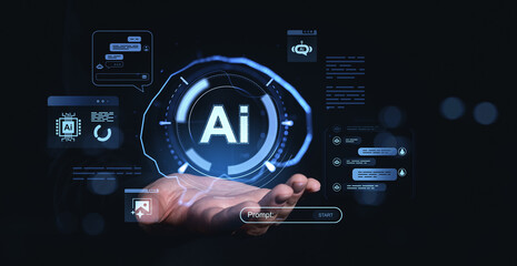 Fototapete - Futuristic AI interface concept with digital elements over human hand on dark background.