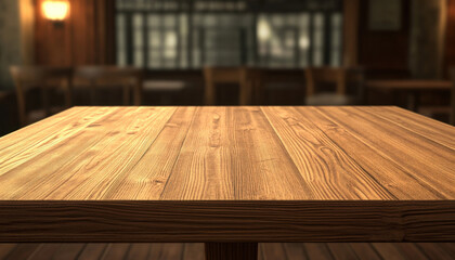 Aufkleber - Empty wooden table top in a blurred restaurant setting, perfect for product placement or food display.  The warm lighting and rustic ambiance create a cozy atmosphere. : Generative AI
