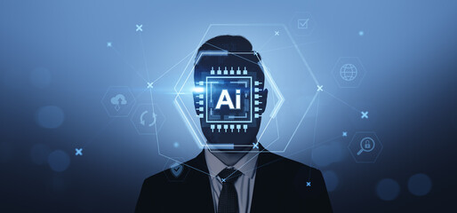Fototapete - Human figure with AI chip interface on face in tech concept back