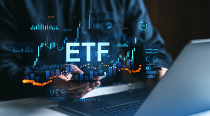 Poster - ETF investment analysis on digital screen with trading chart and tech interface..