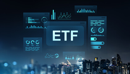 Poster - ETF financial data interface on futuristic digital screen above night cityscape.