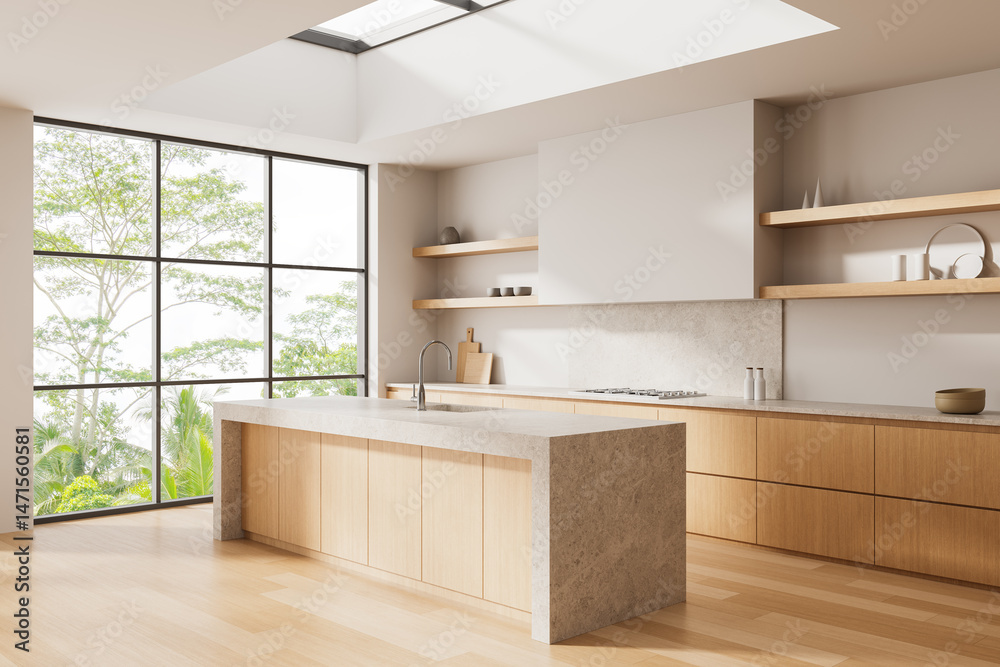 Modern minimalist kitchen interior with wood cabinetry, large windows ...