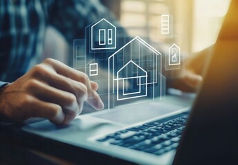 Poster - Person using laptop, digital house models appear above the keyboard, showcasing modern real estate technology and online property search. : Generative AI