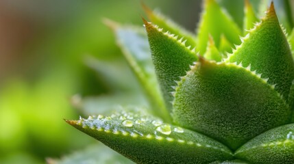 Poster - Close-up view of a succulent plant's leaf, showcasing its vibrant green color, tiny spines, and glistening water droplets. : Generative AI