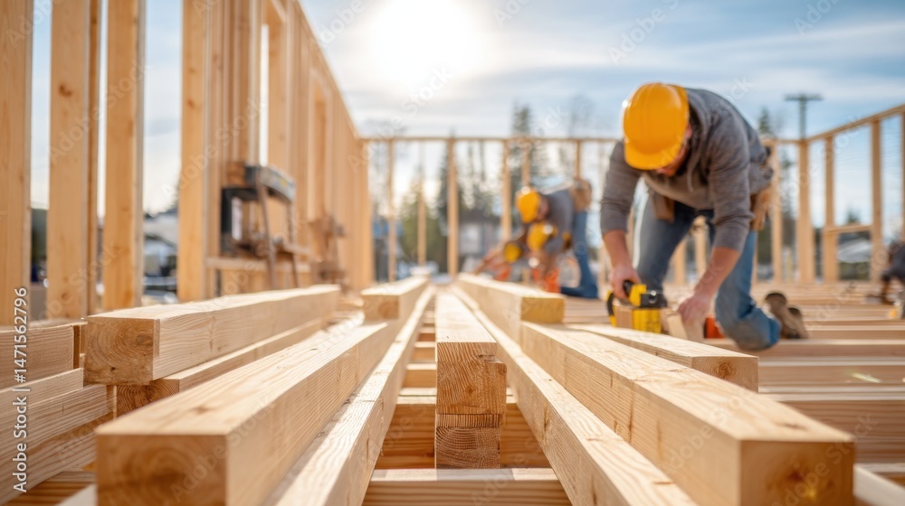 Construction workers assembling wooden beams at a new home building ...