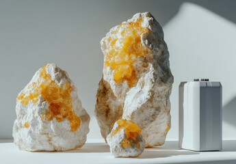 Poster - Three textured rocks with amber-colored inclusions, positioned on a white surface next to a white battery pack, illuminated by soft sunlight. : Generative AI