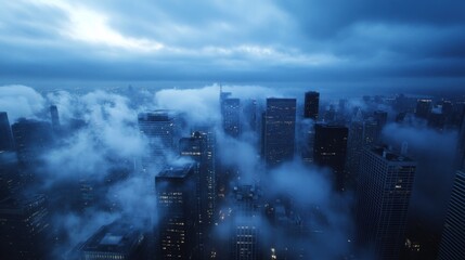 Leinwandbilder - A city skyline shrouded in a thick layer of fog at twilight, with skyscrapers illuminated, creating a dramatic and moody atmosphere. : Generative AI