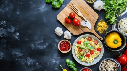 Poster - A delicious pasta dish with cherry tomatoes, basil, and parmesan cheese, surrounded by fresh ingredients on a dark background. : Generative AI