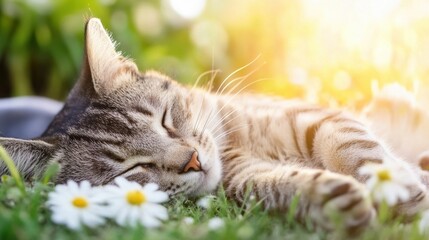 Aufkleber - A tabby cat peacefully sleeps amidst blooming daisies in a sun-drenched garden, enjoying a tranquil afternoon nap. : Generative AI