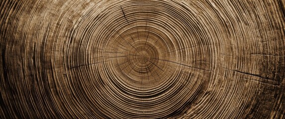 Poster - Detailed cross section of a tree trunk, showcasing concentric growth rings and radial cracks.  The sepia tone enhances the wood's natural texture and age. : Generative AI