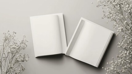 Poster - Two blank notebooks lay open on a gray surface, surrounded by delicate white gypsophila flowers, creating a minimalist and elegant scene. : Generative AI