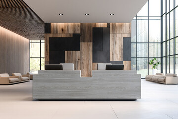 Poster - Modern office reception desk with light grey wood veneer,  featuring a wood and dark panel wall, showcasing a minimalist and professional workspace