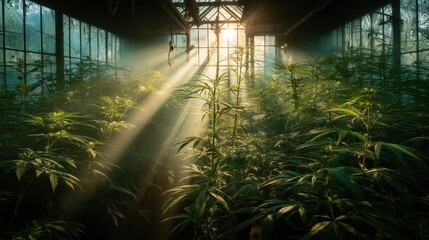Poster - Sunbeams illuminate a dense cannabis plantation thriving within a dilapidated greenhouse, creating a mystical, atmospheric scene. : Generative AI