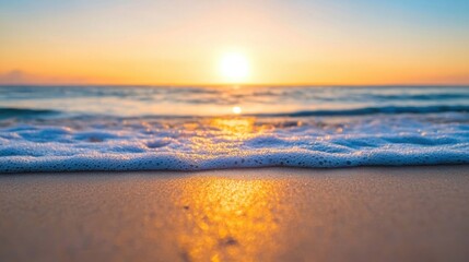 Poster - Golden sunset light reflects on the foamy ocean wave gently washing ashore on a sandy beach. : Generative AI