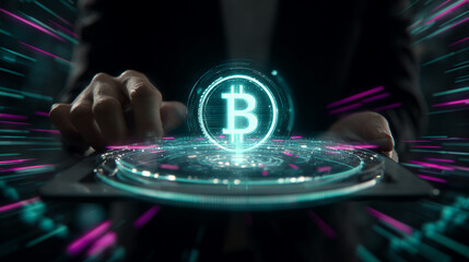 Poster - holographic bitcoin symbol above a tablet, hands interacting, surrounded by dynamic light streaks. r